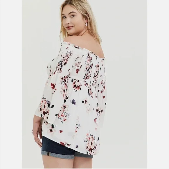 Torrid Top Plus Size Top Floral Blouse Women 1X White Off Shoulder Blouse Smock - Picture 4 of 5